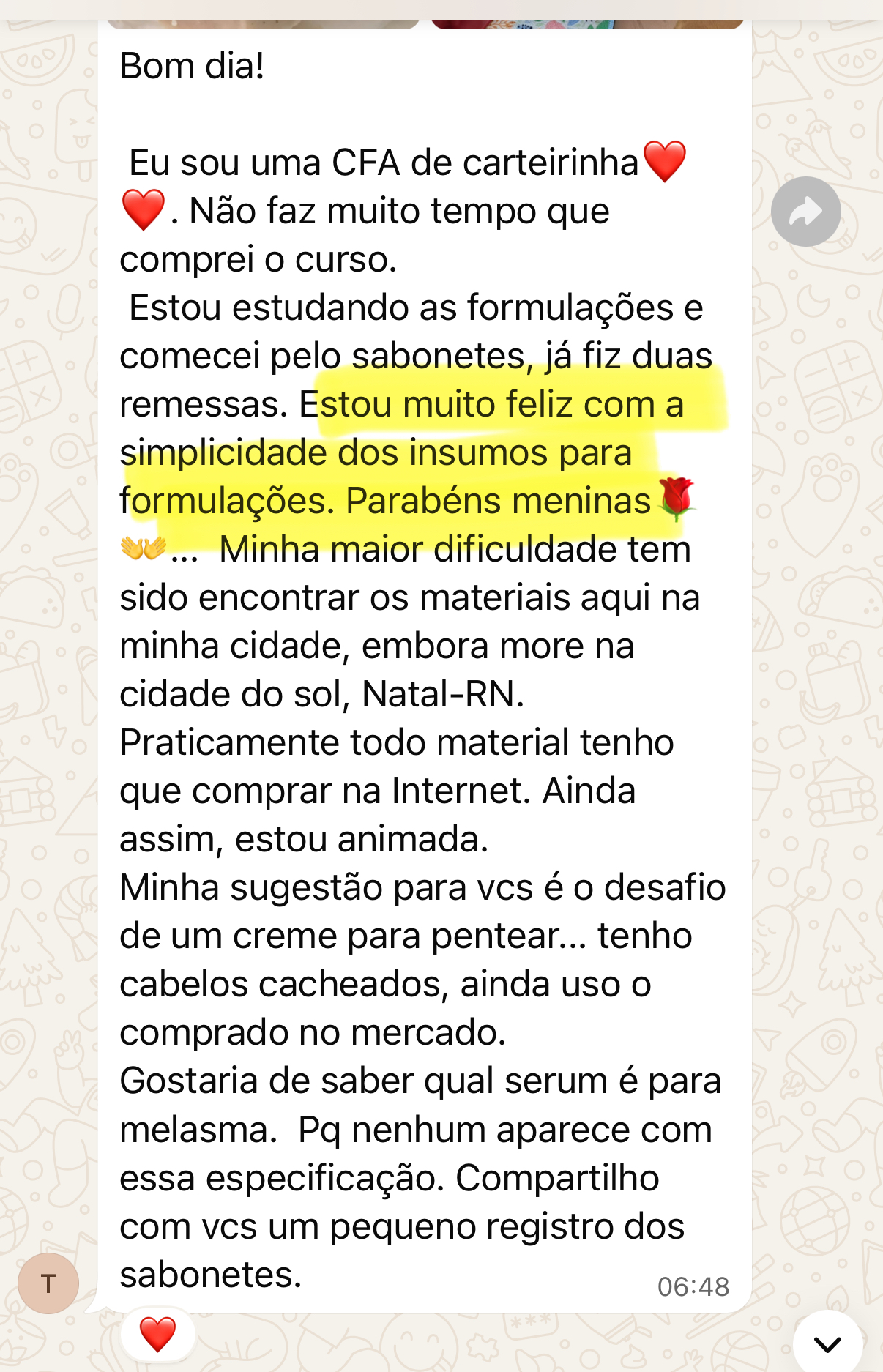 Aluna elogiando a simplicidade do curso de cosméticos naturais Método AGS